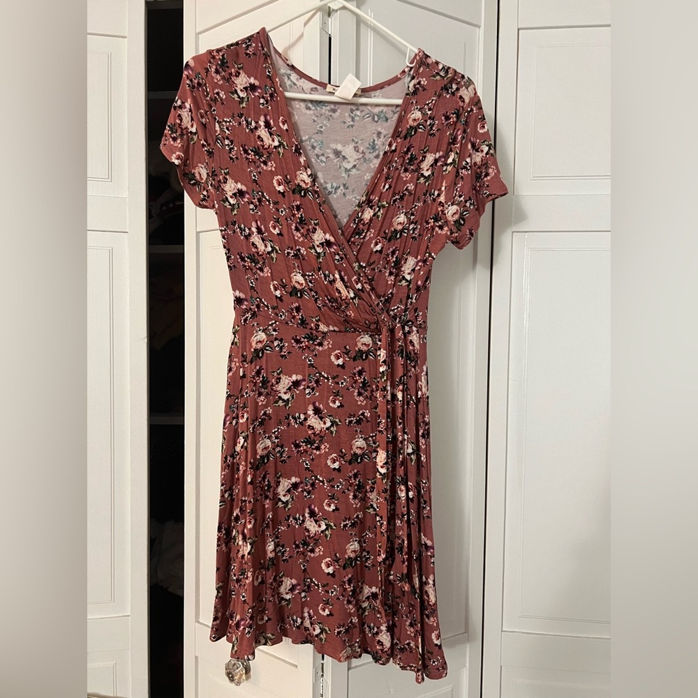 Dusty rose floral wrap dress